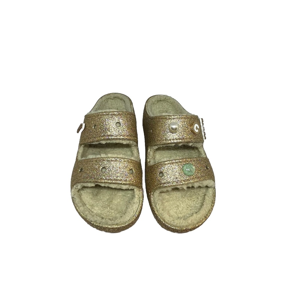 Crocs Cozy Sandals Women's Gold Glitter Lined Slip-On Classic Strappy‎ M8 W10